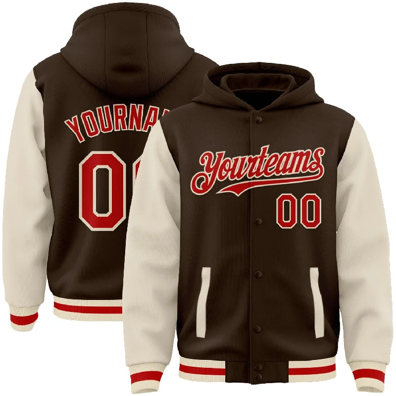 Fishing line cast steady-Custom Brown Red-Cream Bomber Full-Snap Varsity Letterman Two Tone Hoodie Jacket