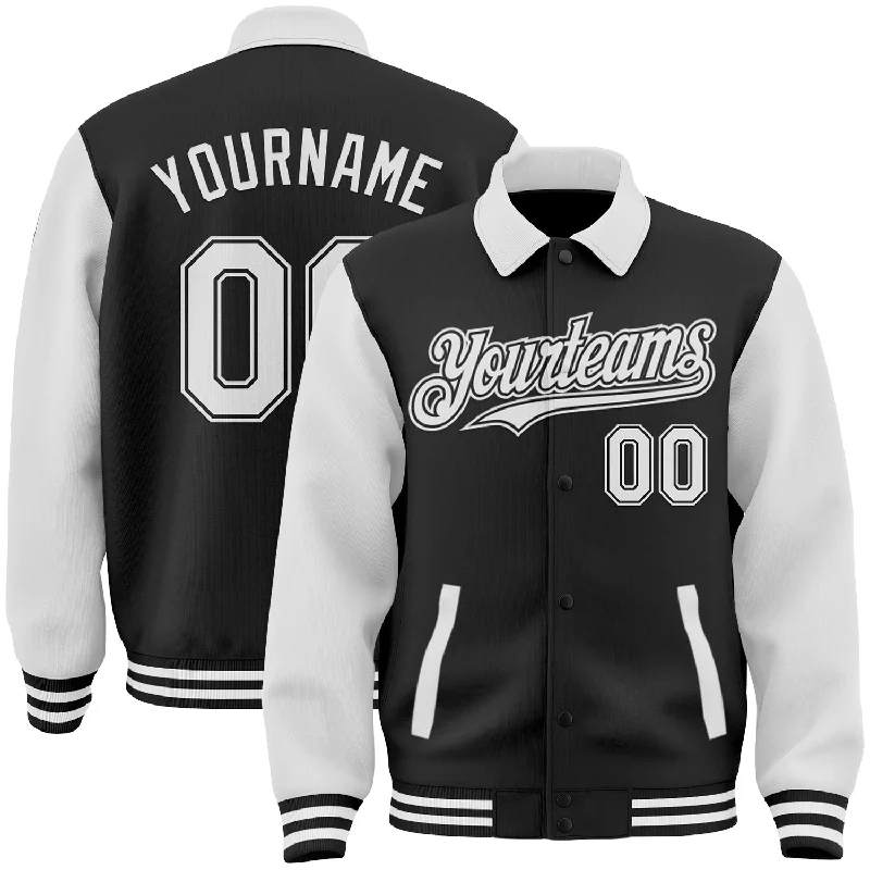 Fishing line smooth cast-Custom Black White Bomber Full-Snap Varsity Letterman Two Tone Lapel Collar Byron Jacket