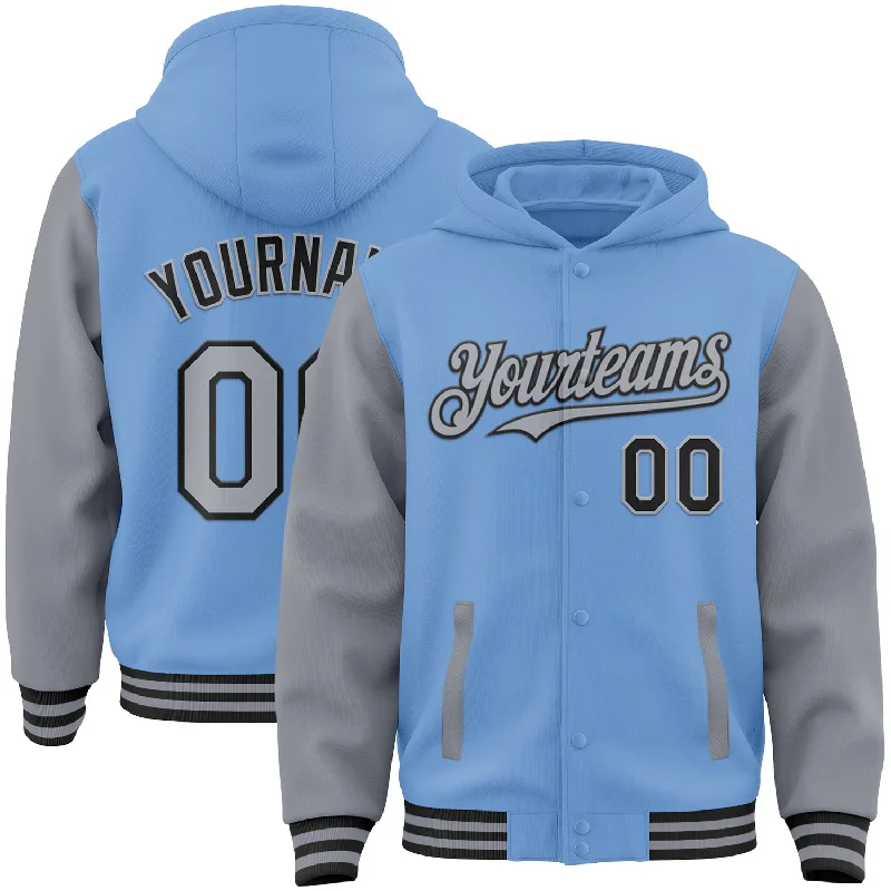 Fishing reel high grip-Custom Light Blue Gray-Black Bomber Full-Snap Varsity Letterman Two Tone Hoodie Jacket