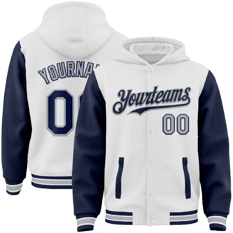 Fishing tackle padded bag-Custom White Navy-Gray Bomber Full-Snap Varsity Letterman Two Tone Hoodie Jacket