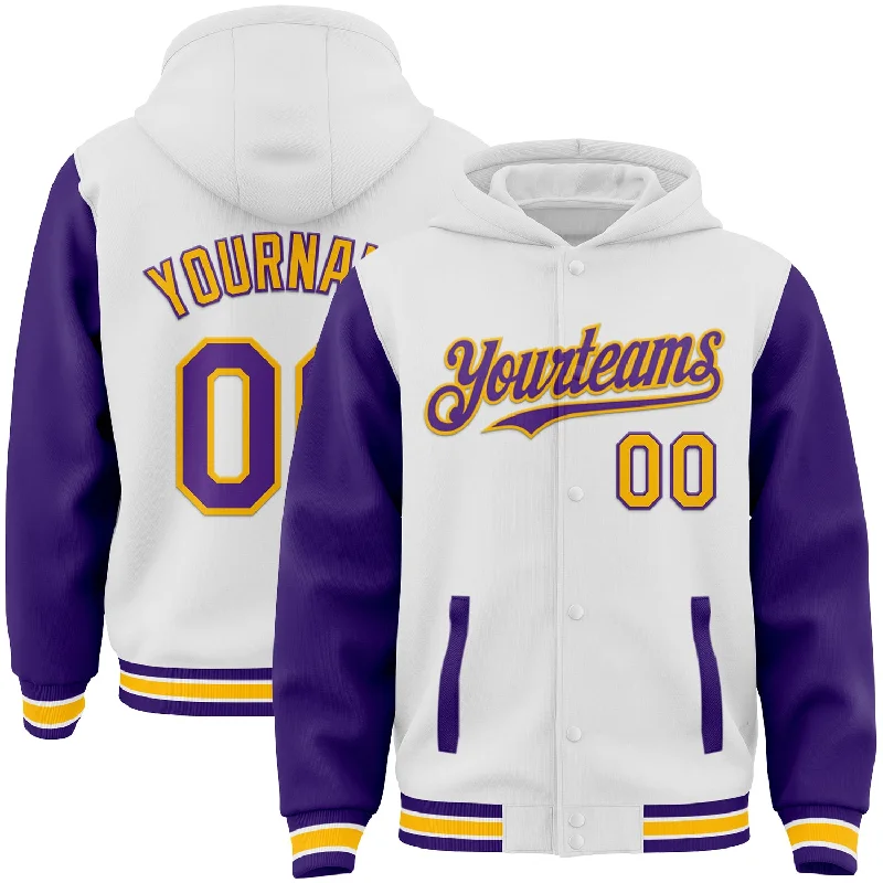 Fishing reel heavy gear-Custom White Purple-Gold Bomber Full-Snap Varsity Letterman Two Tone Hoodie Jacket