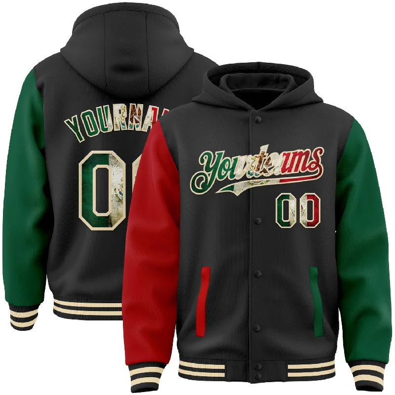 Fishing rod bank combo-Custom Black Vintage Mexican Flag Kelly Green Red-Cream Bomber Full-Snap Varsity Letterman Two Tone Hoodie Jacket