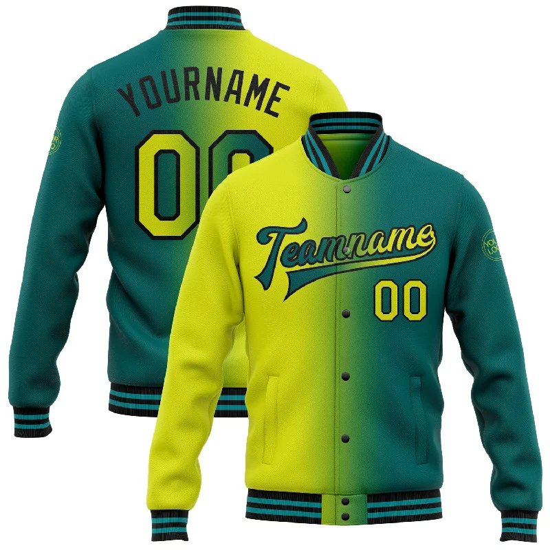 Fishing line cast control-Custom Teal Neon Yellow-Black Bomber Full-Snap Varsity Letterman Gradient Fashion Jacket