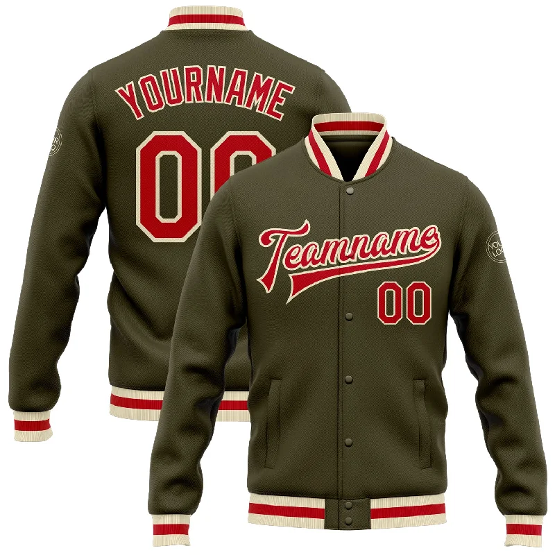 Fishing rod boat mount-Custom Olive Red-Cream Bomber Full-Snap Varsity Letterman Salute To Service Jacket