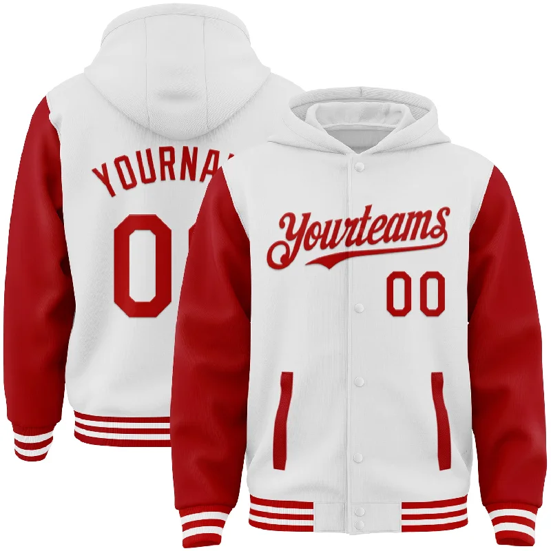 Fishing line smooth power-Custom White Red Bomber Full-Snap Varsity Letterman Two Tone Hoodie Jacket