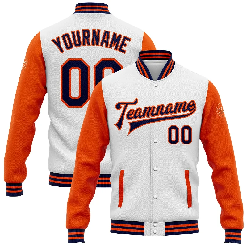 Fishing reel high hold-Custom White Navy-Orange Bomber Full-Snap Varsity Letterman Two Tone Jacket