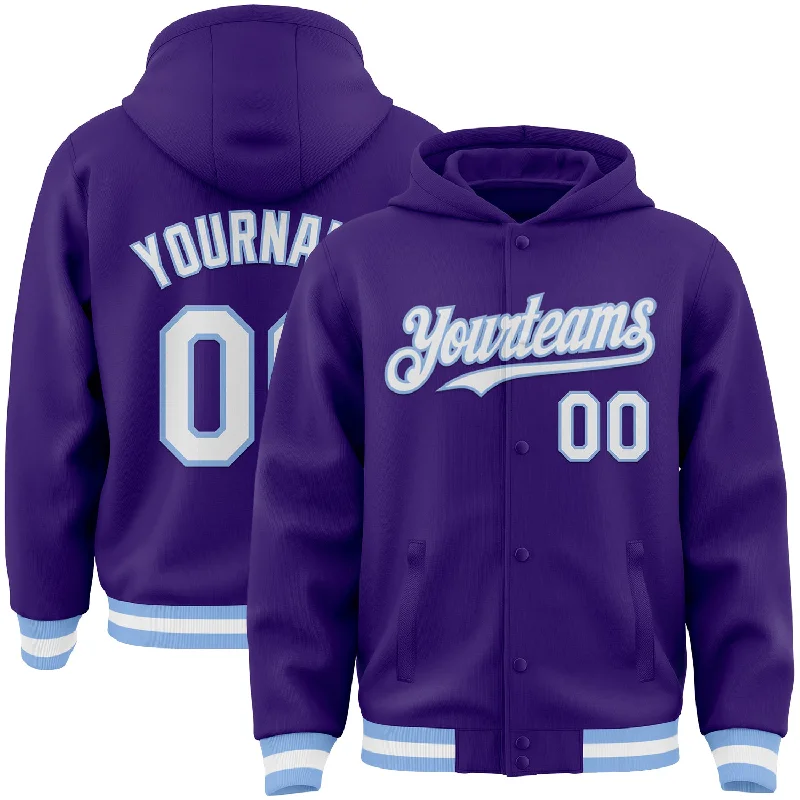 Fishing tackle side pocket-Custom Purple White-Light Blue Bomber Full-Snap Varsity Letterman Hoodie Jacket