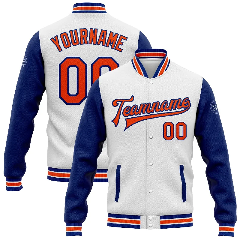 Fishing reel smooth power-Custom White Orange-Royal Bomber Full-Snap Varsity Letterman Two Tone Jacket