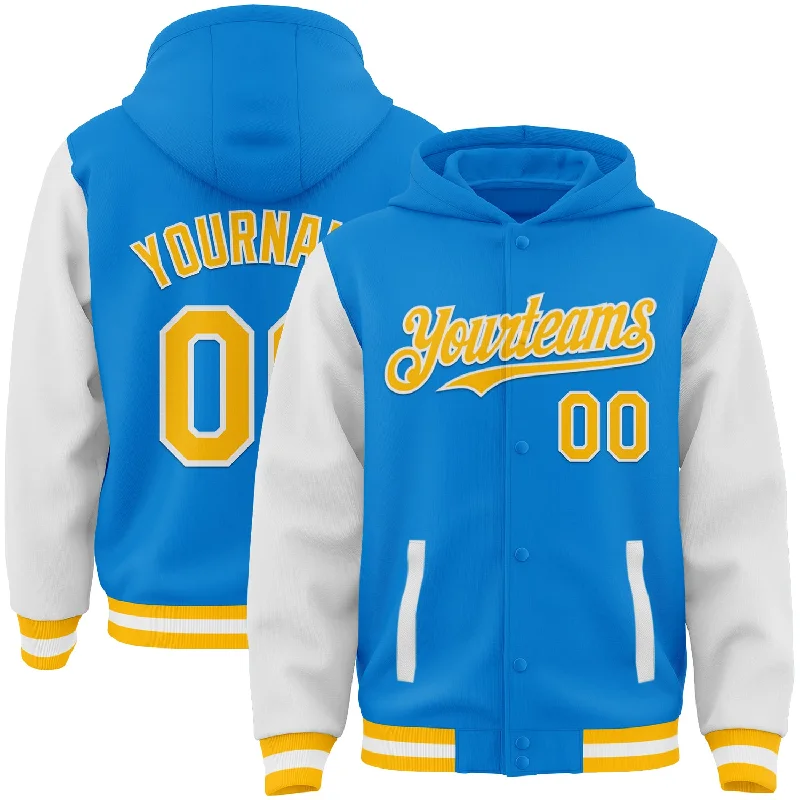 Fishing tackle multi-tray-Custom Powder Blue Gold-White Bomber Full-Snap Varsity Letterman Two Tone Hoodie Jacket