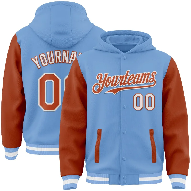 Fishing rod lightweight mount-Custom Light Blue Texas Orange-White Bomber Full-Snap Varsity Letterman Two Tone Hoodie Jacket