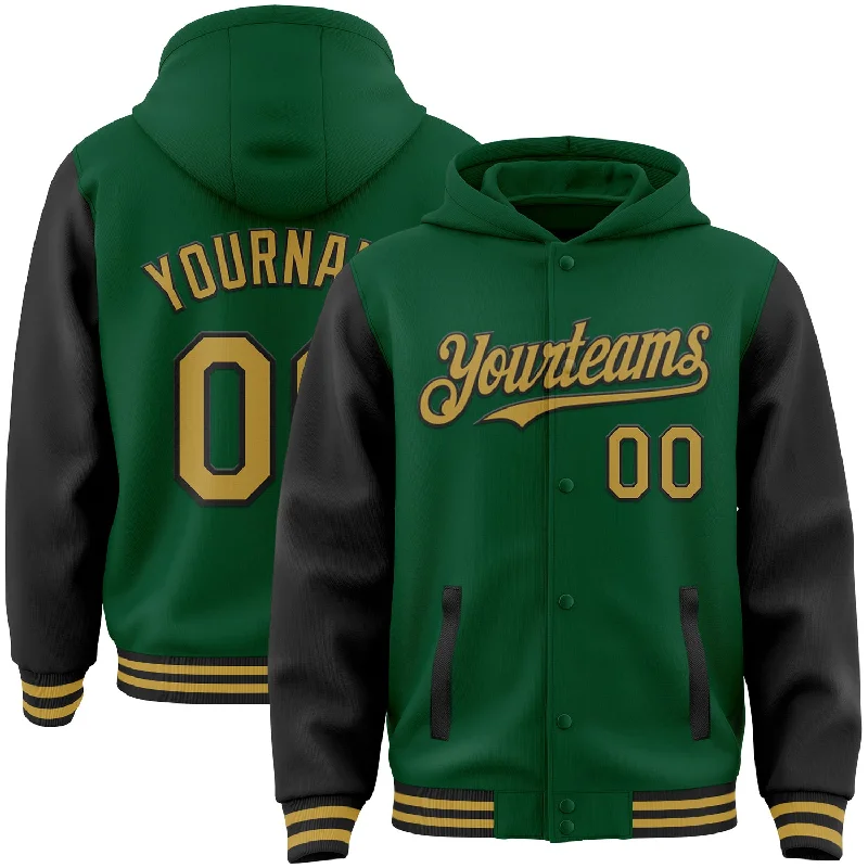 Fishing tackle soft case-Custom Kelly Green Old Gold-Black Bomber Full-Snap Varsity Letterman Two Tone Hoodie Jacket