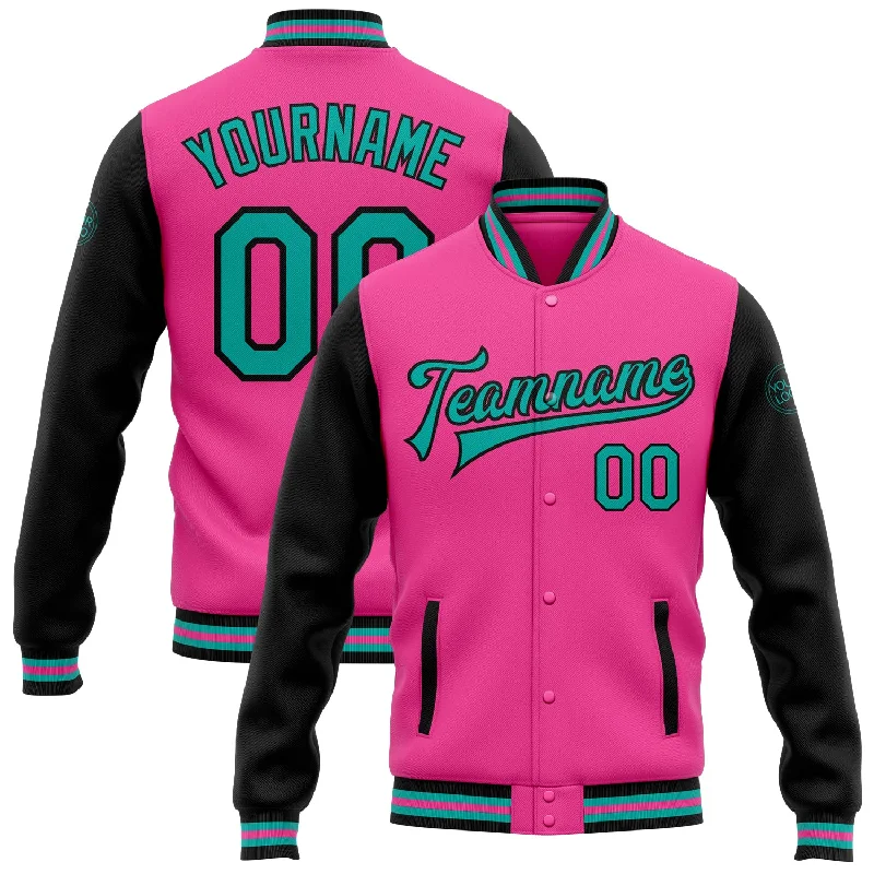 Fishing reel line capacity-Custom Pink Aqua-Black Bomber Full-Snap Varsity Letterman Two Tone Jacket