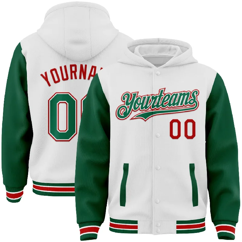 Fishing line spool strength-Custom White Kelly Green-Red Bomber Full-Snap Varsity Letterman Two Tone Hoodie Jacket