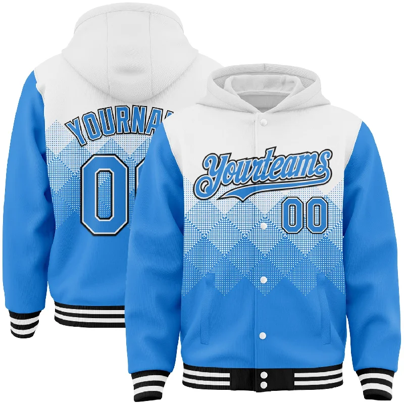 Fishing reel balanced control-Custom White Powder Blue-Black Gradient Square Shape 3D Pattern Design Bomber Full-Snap Varsity Letterman Hoodie Jacket