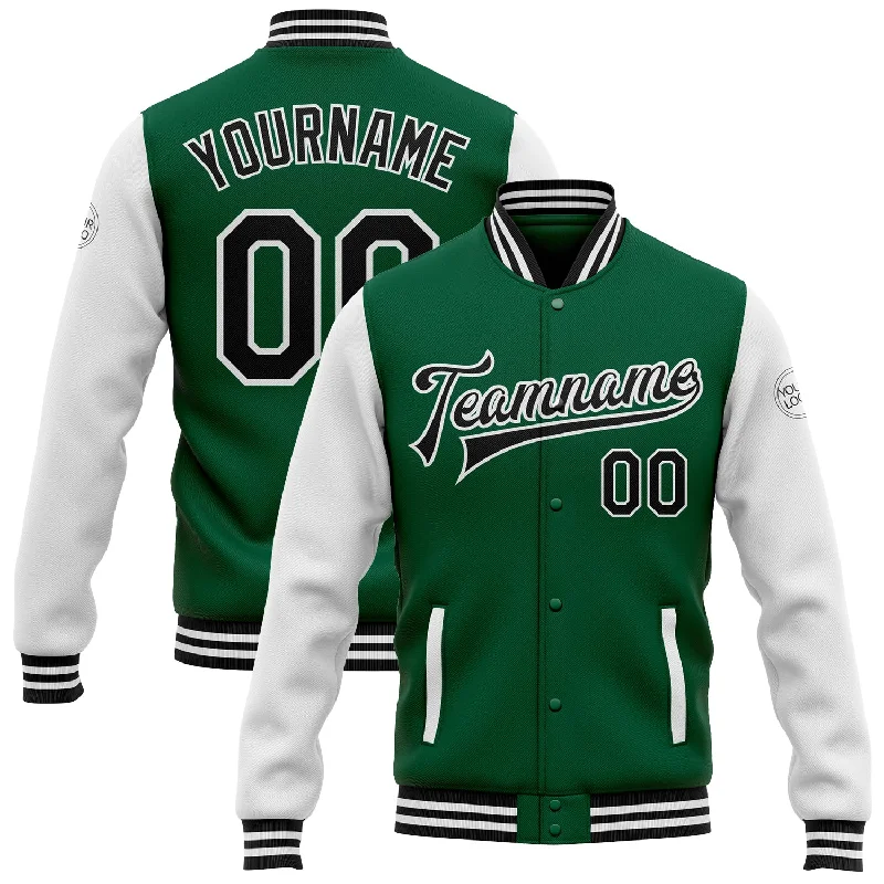 Fishing reel silent retrieve-Custom Kelly Green Black-White Bomber Full-Snap Varsity Letterman Two Tone Jacket