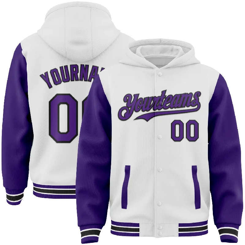 Fishing tackle travel tray-Custom White Purple-Black Bomber Full-Snap Varsity Letterman Two Tone Hoodie Jacket