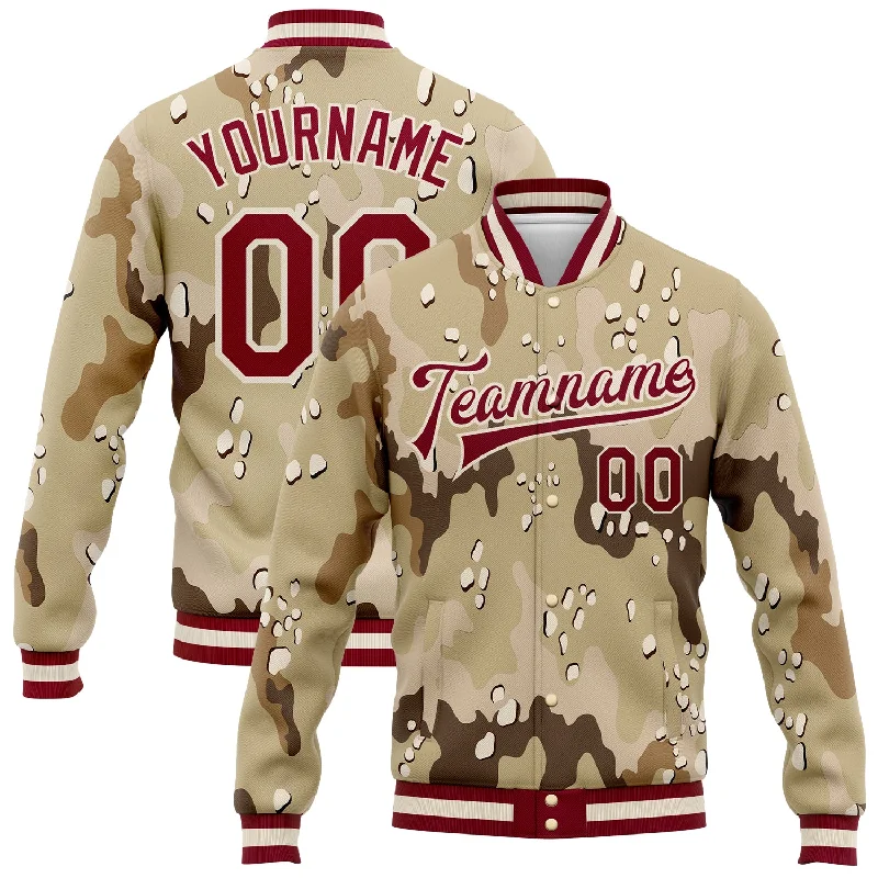 Fishing reel fast gear-Custom Camo Maroon-Cream Desert Camouflage 3D Bomber Full-Snap Varsity Letterman Salute To Service Jacket