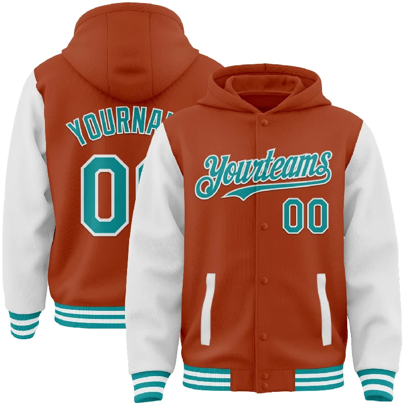 Fishing tackle utility holder-Custom Texas Orange Teal-White Bomber Full-Snap Varsity Letterman Two Tone Hoodie Jacket