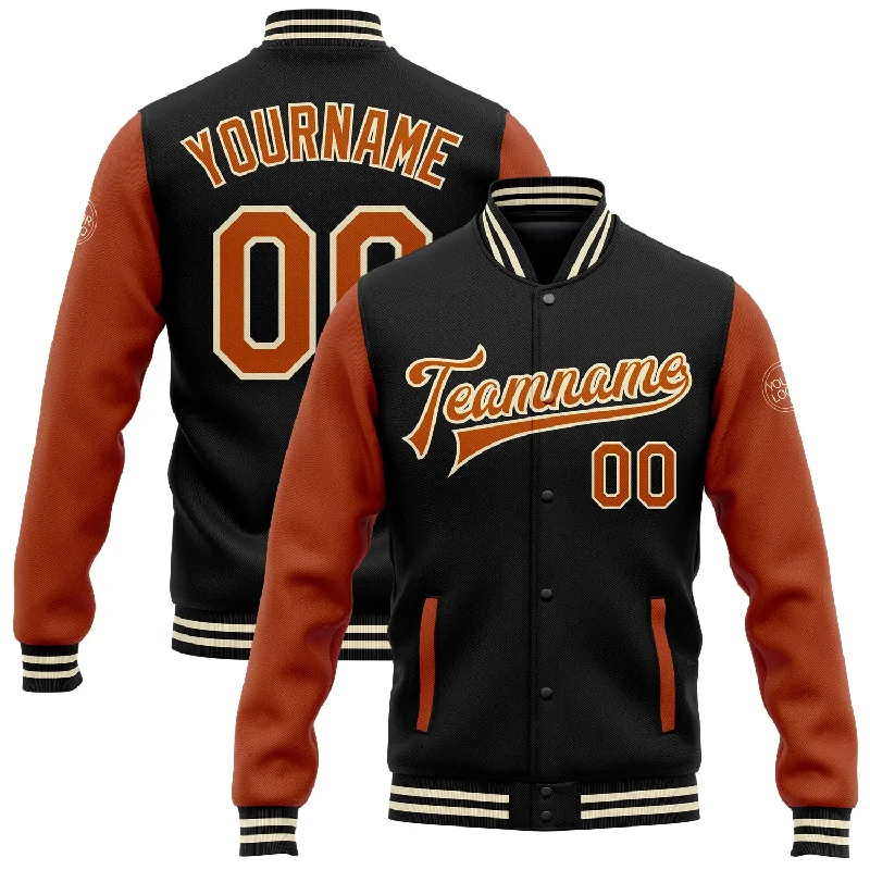 Fishing tackle durable tray-Custom Black Texas Orange-Cream Bomber Full-Snap Varsity Letterman Two Tone Jacket