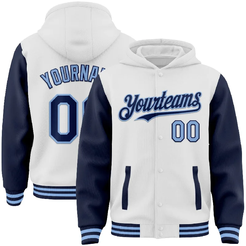 Fishing hook rust proof-Custom White Navy-Light Blue Bomber Full-Snap Varsity Letterman Two Tone Hoodie Jacket