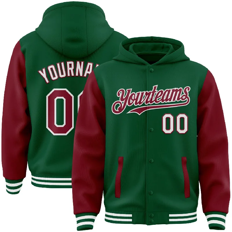 Fishing line cast enhancer-Custom Kelly Green Crimson-White Bomber Full-Snap Varsity Letterman Two Tone Hoodie Jacket