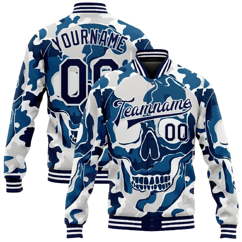 Fishing hook rust proof-Custom Camo Navy-White Skull Fashion 3D Bomber Full-Snap Varsity Letterman Salute To Service Jacket